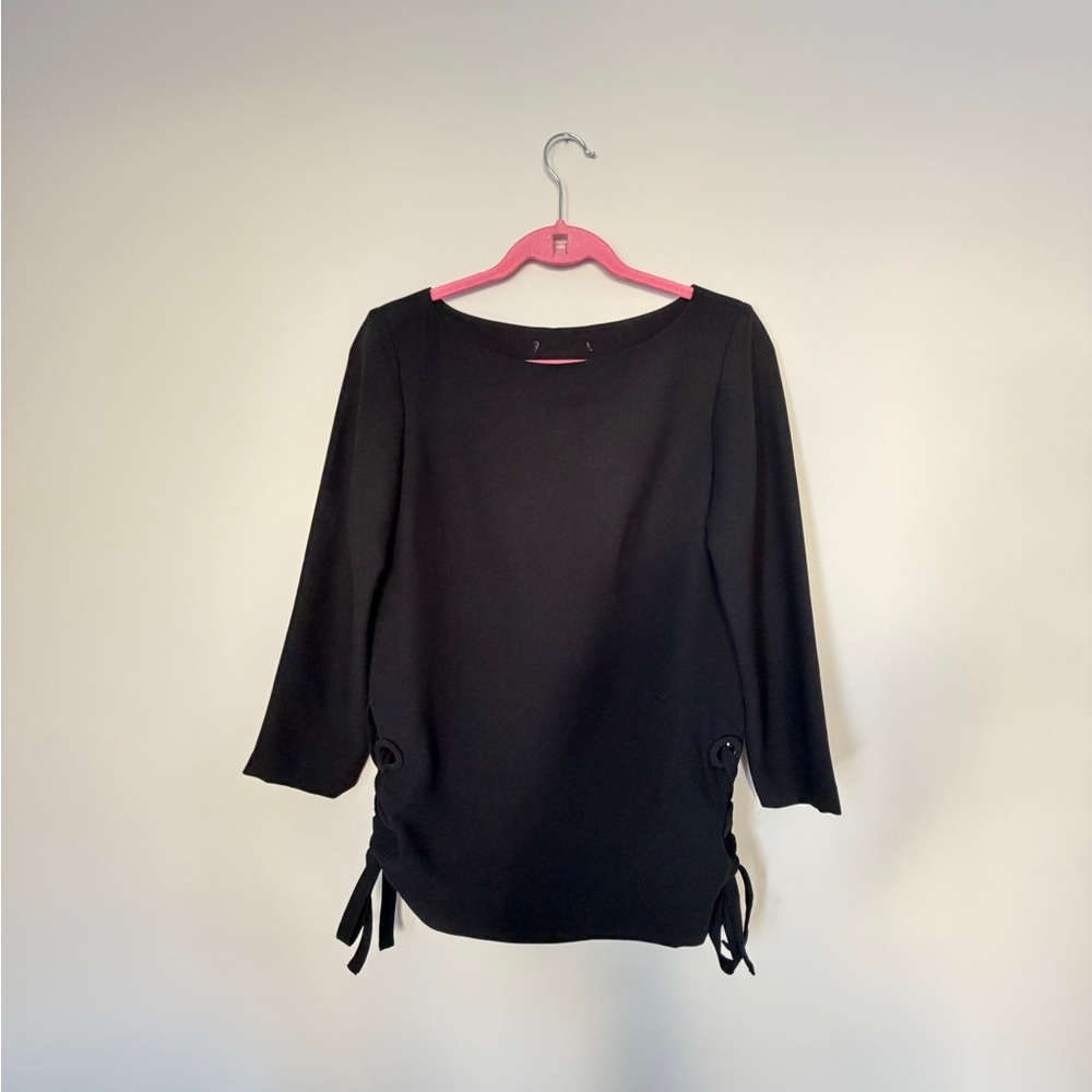 Dressy black blouse with unique tie detail and 3/4 length sleeve